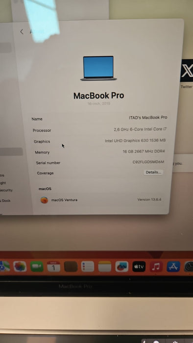 Pre-owned Macbook Pro A2141(Late 2019) - I7 2.6GHz - 16GB DDR4 - 512GB SSD - MacOS Ventura 13.6.4 - Refurbished 16 Inch Macbook