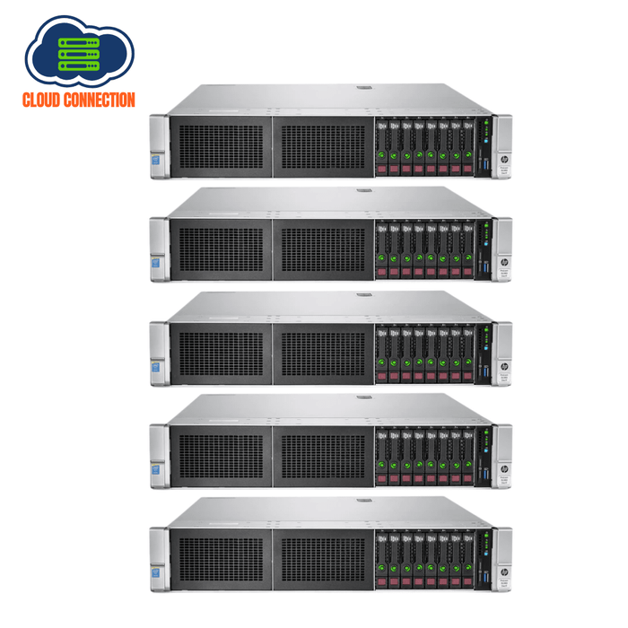 5 x HP ProLiant DL380 Gen9 2U Rackmount Server – 8 SFF – 2 × Xeon E5-2680 v4 – 64GB DDR4 – 2 × 300GB SAS – P440ar RAID – Broadcom BCM5719 + Intel I350 – 2 × 800 Watts – 6 × Blanks – Refurb