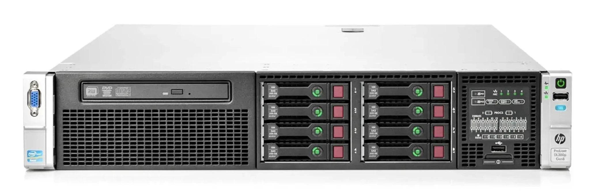 HP ProLiant DL380p Gen8 2U Rackmount Server – 8 SFF – 2 x Xeon E5-2690 - 64GB DDR3 – 2 × 300GB SAS – No RAID – Broadcom BCM5719 – 2 × 750W – 6 × Blanks – New
