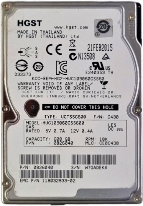 Pre-Owned HGST HUC109060CSS600 - 600GB SAS Hard Drive - 2.5" - 10 000 RPM - 6GB/s