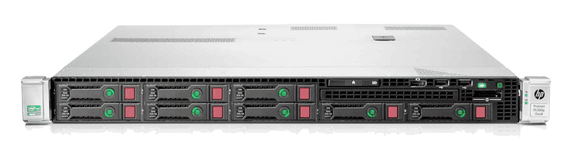 HP Proliant DL360P G8 Virtual Host Server; 8 SFF; 2 x Xeon E5-2630; 64GB PC3; 1.8TB SAS; 2 x 460W; DP 1GB; P410i Raid; No Front Bezel; No Rail Kit; 1U Rackmount; Refurb