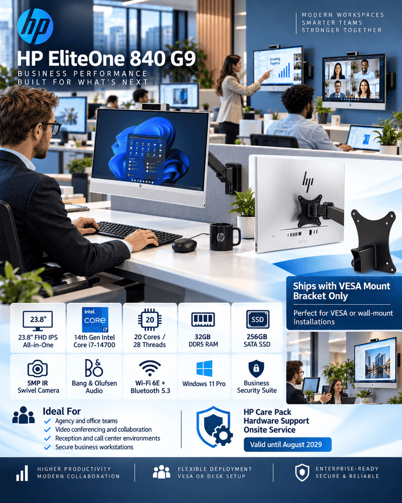 HP EliteOne 840 G9 with VESA Mount 23.8 Inch All-in-One Desktop PC - I7 14700 - 32GB DDR5 - 256GB SATA SSD - Warranty till 2029 - New