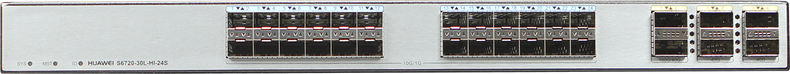 Huawei S6720-30L-HI-24S – 24 x 10GE SFP+ – 6 x 40GE QSFP+ – 2 x 100GE QSFP28 Aggregation Switch – Refurb