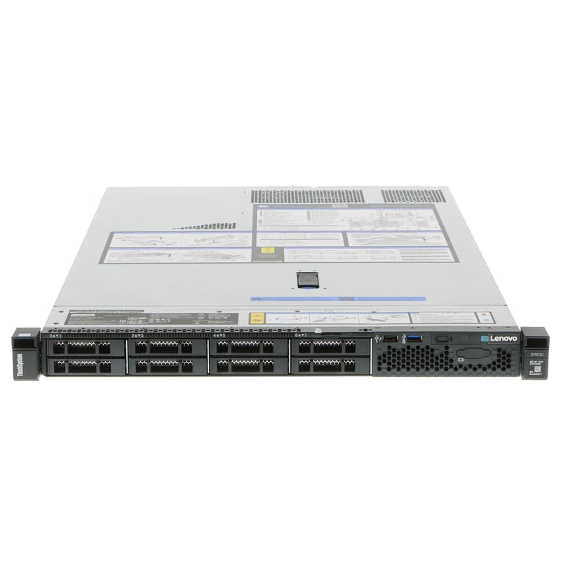 Lenovo ThinkSystem SR630 1U Rackmount Server – 8 SFF – 2 × Xeon Silver 4215 – 64GB DDR4 – 2 × 480GB SATA SSD – RAID 930-8i – Intel X722 – 2 × 750W – 2 × Caddies – 6 × Blanks – 1 × Front Bezel – Refurb