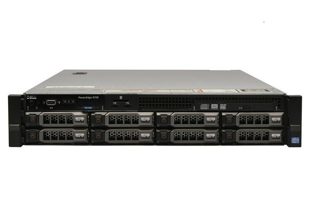 Dell Poweredge R720 Server; 8 LFF; 1 x Xeon E5-2640; 64GB PC3; 600GB SAS; QP 1GB; Perc H710 Mini; 2 x 750W; No Rail Kit; Front Bezel; 2U Rackmount; Refurb