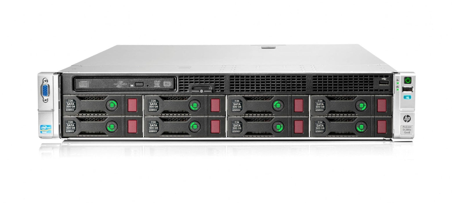 HP Proliant DL380E G8 File Server; 8 LFF; 2 x Xeon E5-2407; 64GB PC3; 2TB SAS; HP B320I; QP 1GB; 2 x 4600W; No Front Bezel; Rail Kit; 2U Rackmount; Refurb