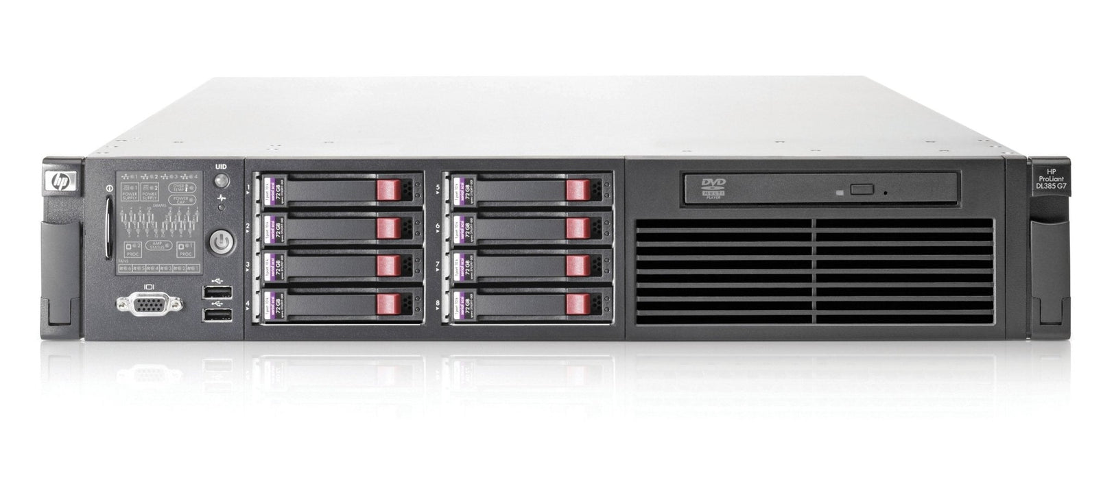 HP Proliant DL385 G7 Medium Application Server; 8 SFF; 2 x AMD Opteron X6174; 64GB PC3; 292GB SAS; QP 1GB; 2 x 750W; P410i Raid; No Front Bezel; No Rail Kit; 2U Rackmount