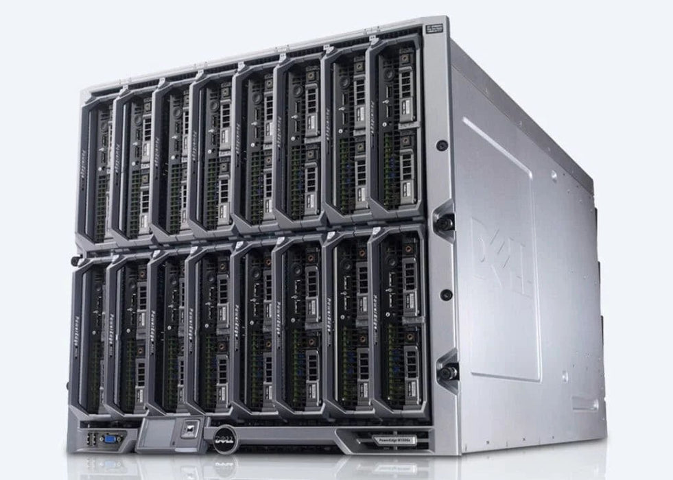 Dell PowerEdge M1000e 10U Blade Enclosure with 4 × M640 Compute Nodes – 32 SFF – 8 × Xeon Gold 6136 – 2TB DDR4 – No HDD – PERC H730P Mini – 10Gb 4P X710-K + 8Gb FC 2-Port – 6 × 3000W PSU – Refurb