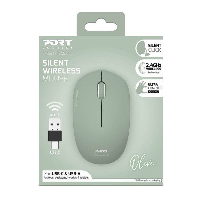 Port Connect Silent Wireless Mouse for USB-C & USB-A Laptops, Desktops, Hybrids & Tablets - Olive - New